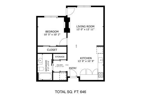 Floor plan for 1 bed, 1 bath, 646 sqft